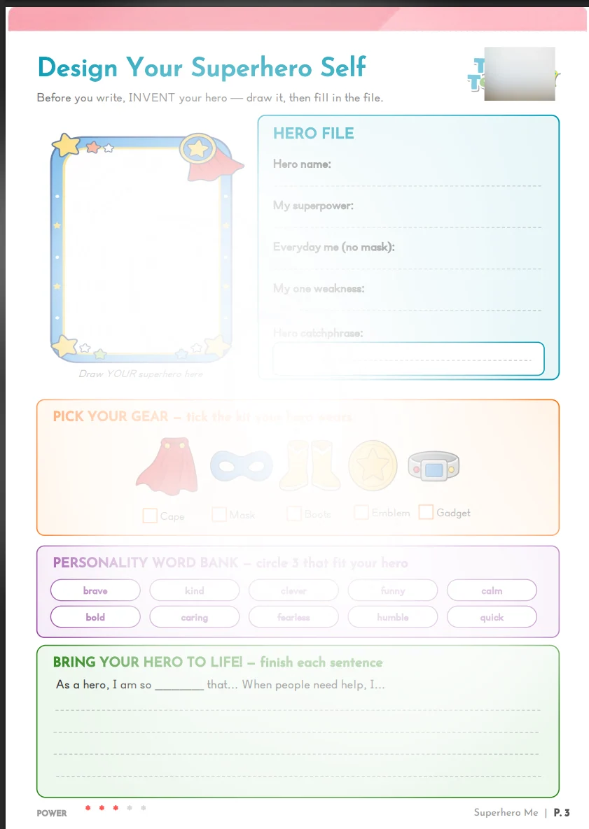Design Your Superhero Self writing worksheet